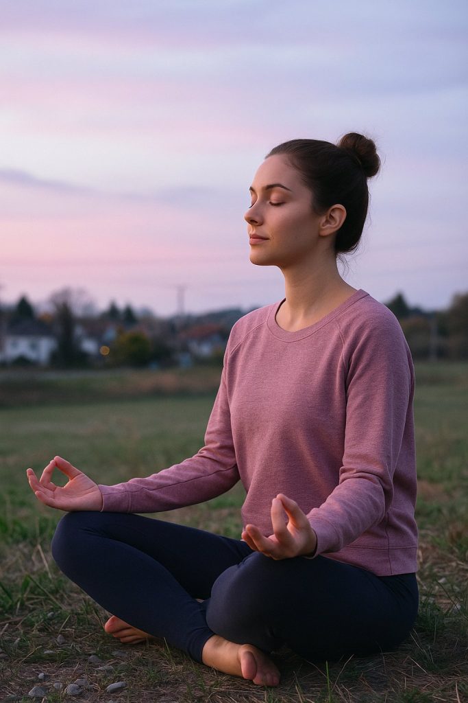 Práctica de meditación mindfulness al aire libre al atardecer, representando conexión con el presente y autorregulación emocional.