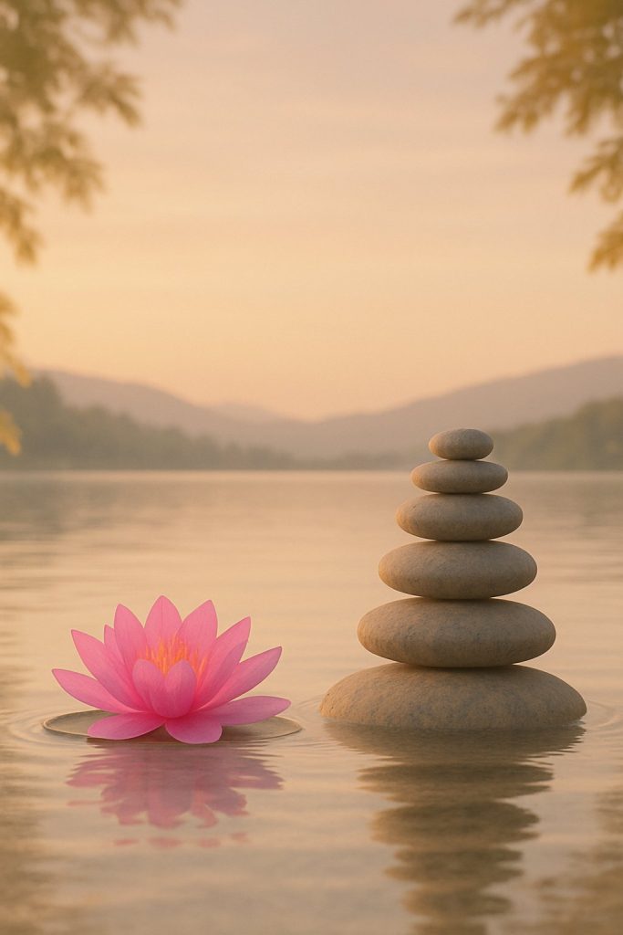 Piedras apiladas y flor de loto en un lago al atardecer, símbolo de mindfulness y equilibrio emocional
