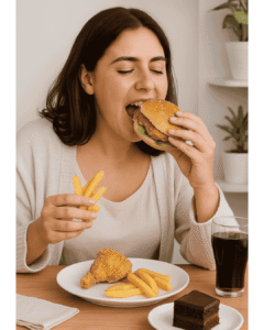 Mujer joven disfrutando una hamburguesa y papas fritas en una mesa, con un trozo de pastel de chocolate y un vaso de bebida al lado, en un ambiente cálido y luminoso. Imagen ilustrativa sobre la ansiedad alimentaria y la relación emocional con la comida.