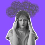 crisis de ansiedad - causas y como superarlas Mujer con crisis de ansiedad tocándose la cabeza, sintiendo angustia, estrés y confusión